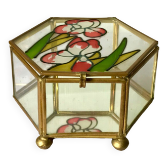 Glass box and hexagonal brass enamelled floral decoration