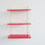 Mid century wall shelf in red and white in the string design, narrow modular hanging shelf