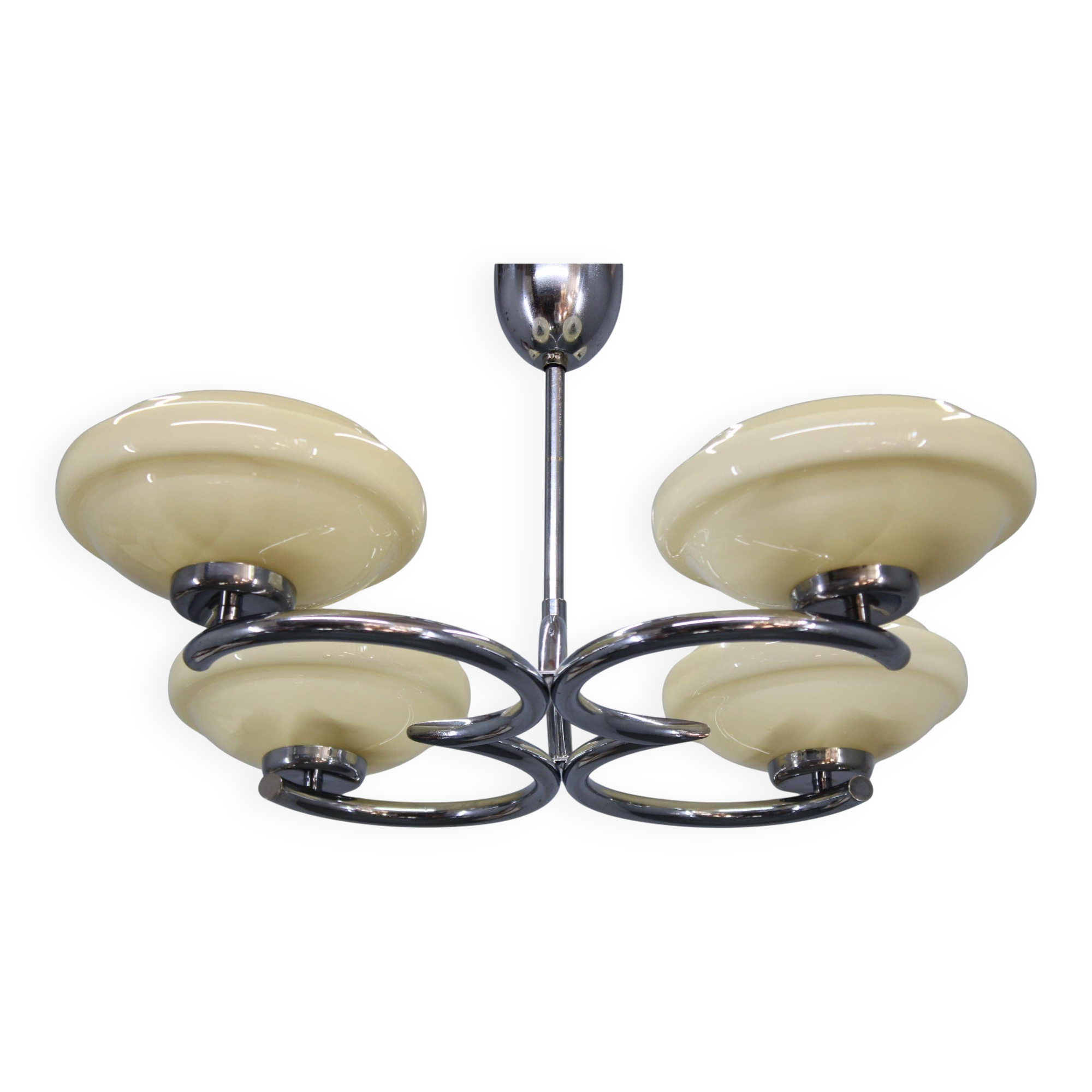 Art Deco chrome chandelier with cream opaline shades, Czechoslovakia, 1940s