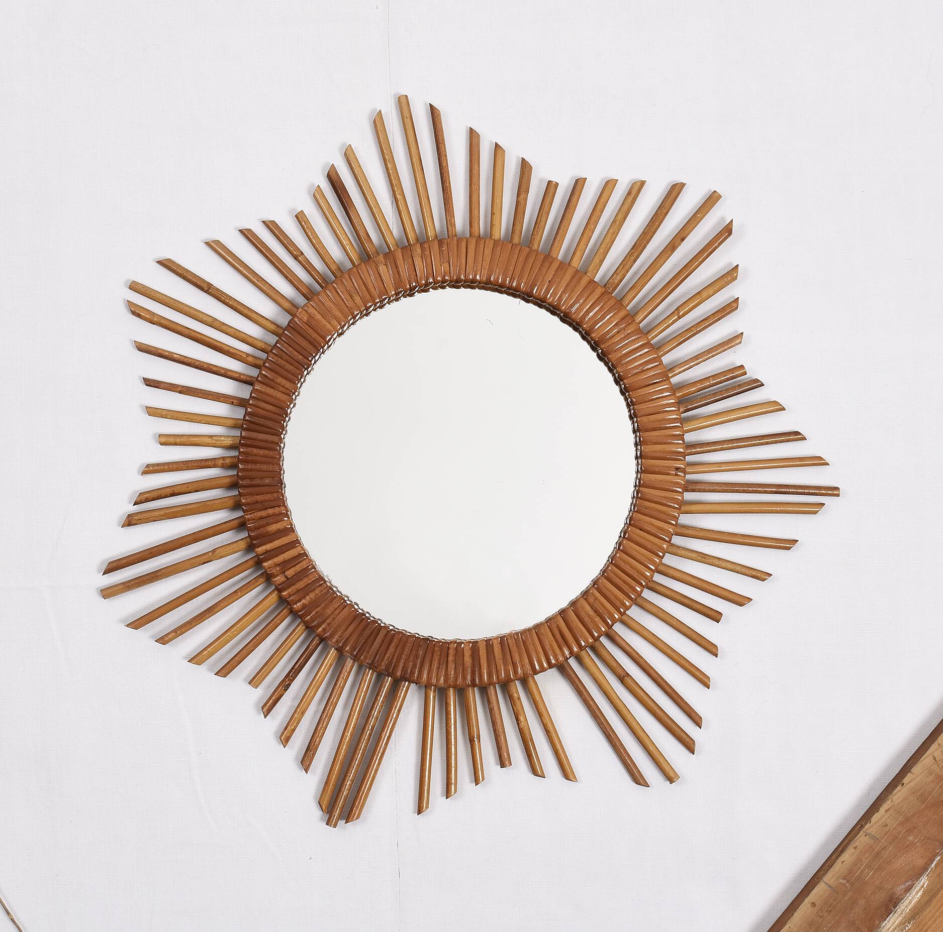 Old sun mirror 49 cm in rattan, star.