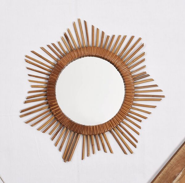 Miroir soleil ancien en rotin en forme d'étoile