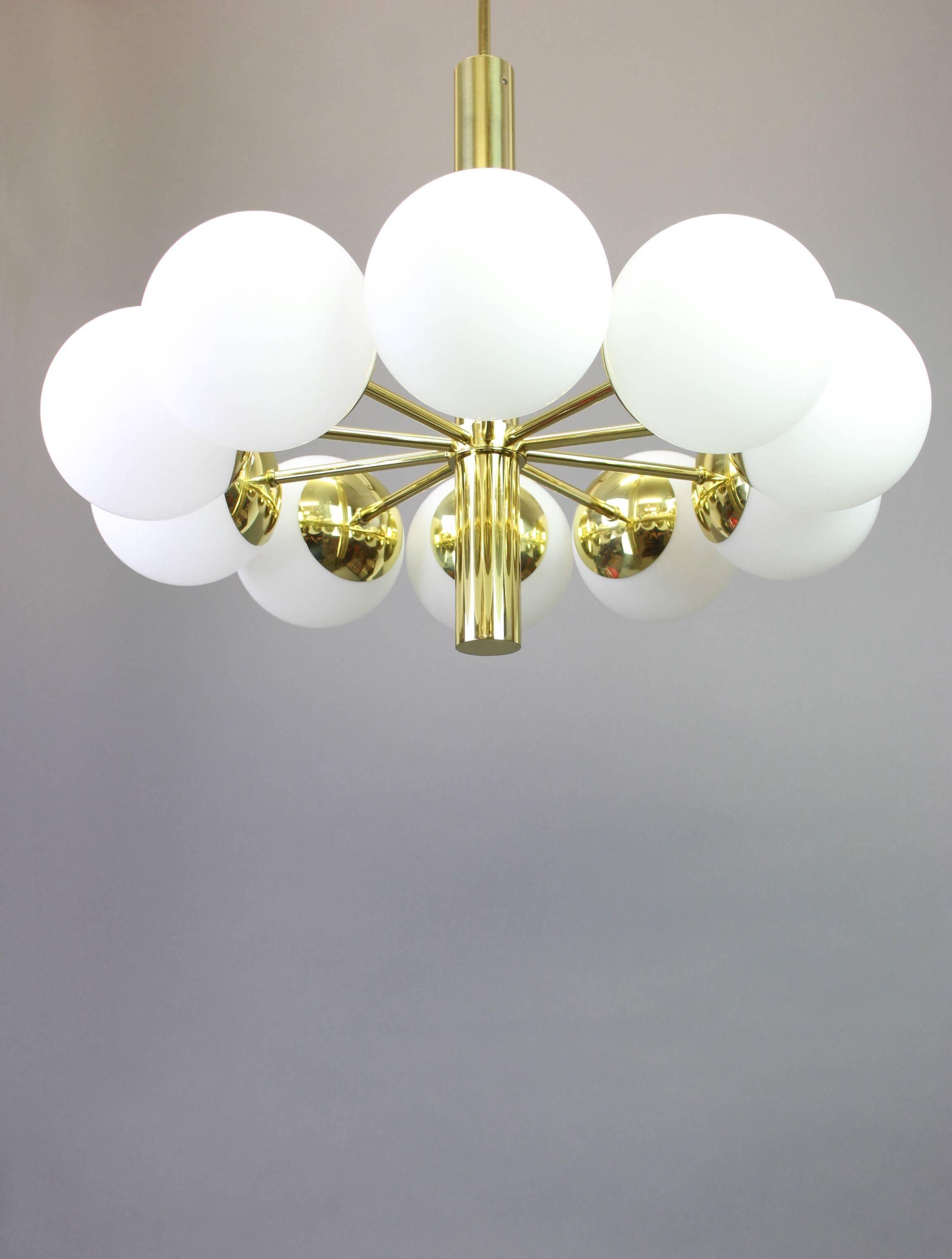 1 of 2 large splendid Kaiser Sputnik chandeliers with opal globes, Germany, 1970s