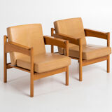 Pair of Oak and Leather Armchairs by Uluv Krasna Jizba, 1960s