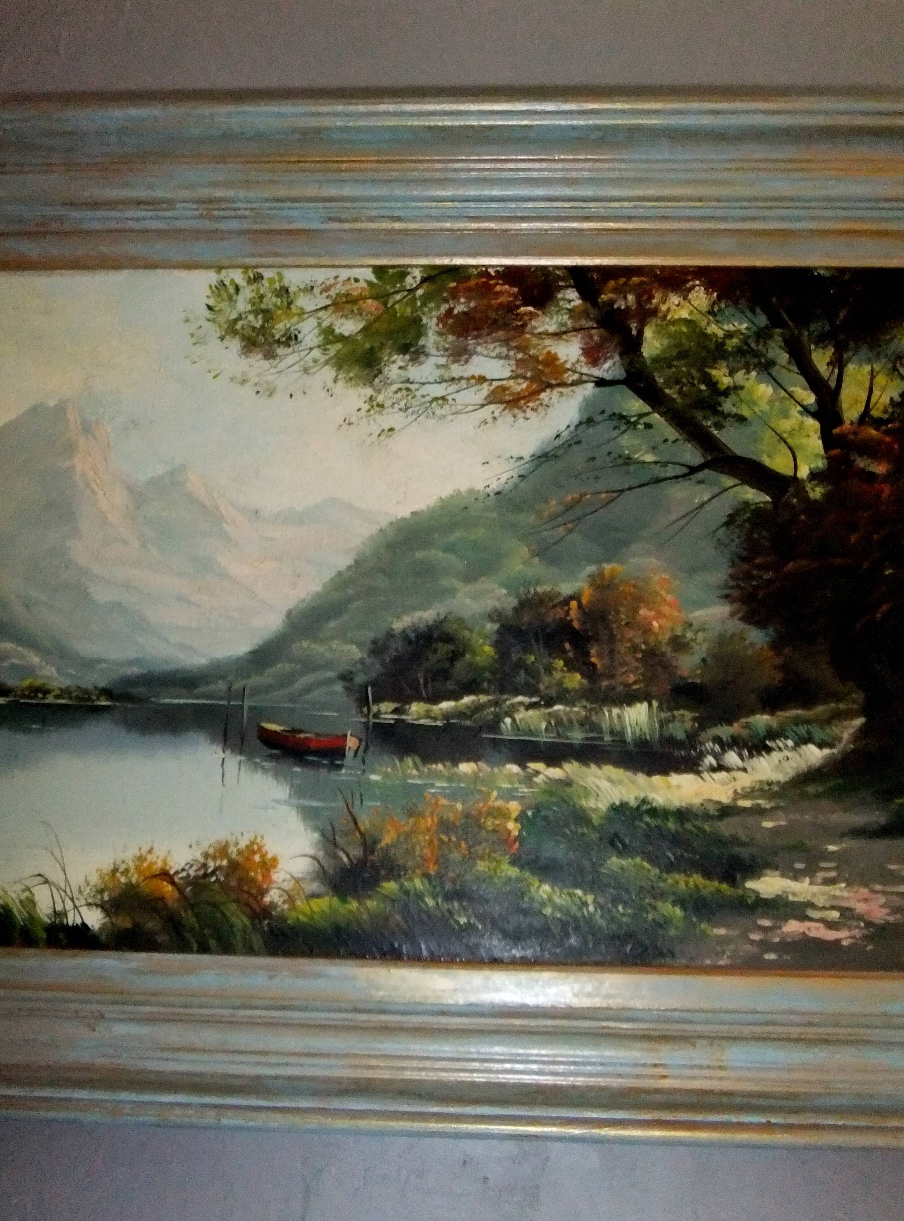 Oil painting landscape signed Vernon Gustavian blue and gold frame