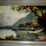 Oil painting landscape signed Vernon Gustavian blue and gold frame