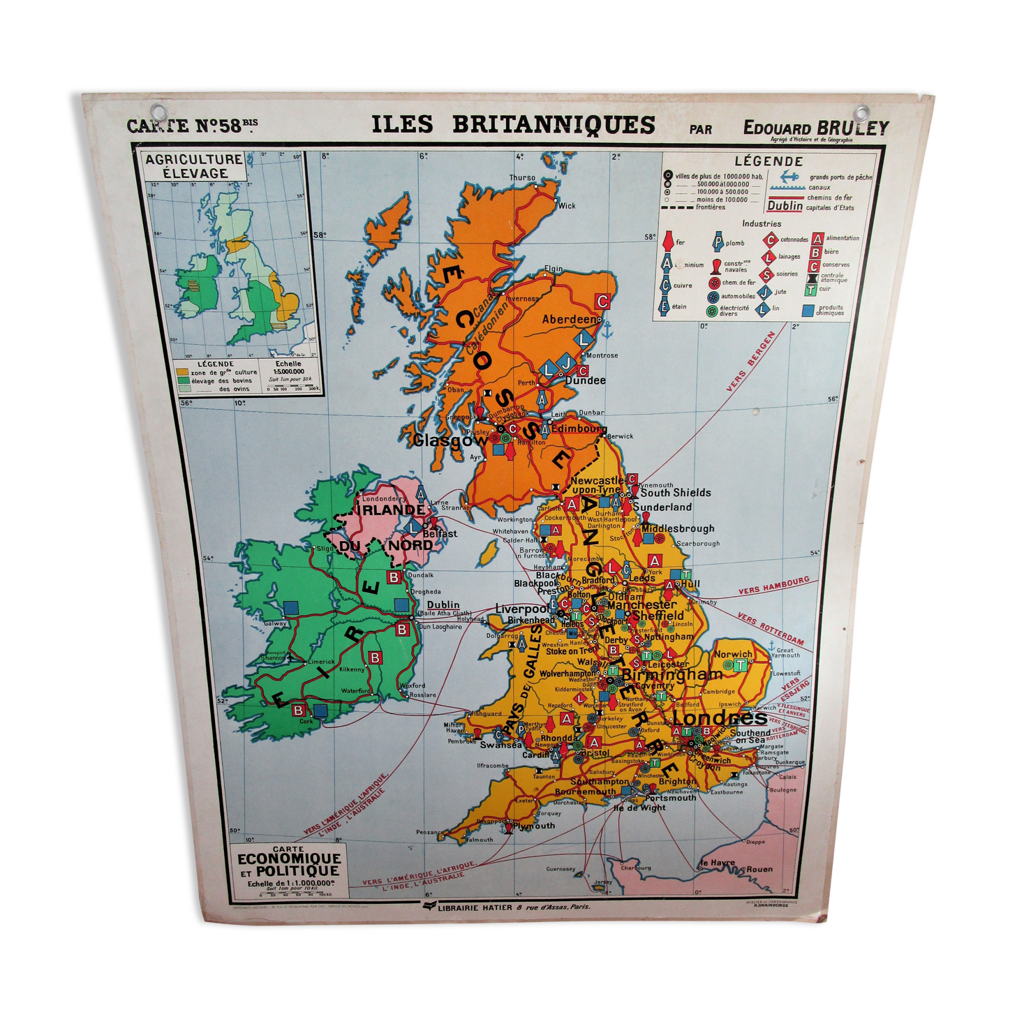 School map British Isles England Hatier n°58 and 58bis By Edouard Bruley years 60-70
