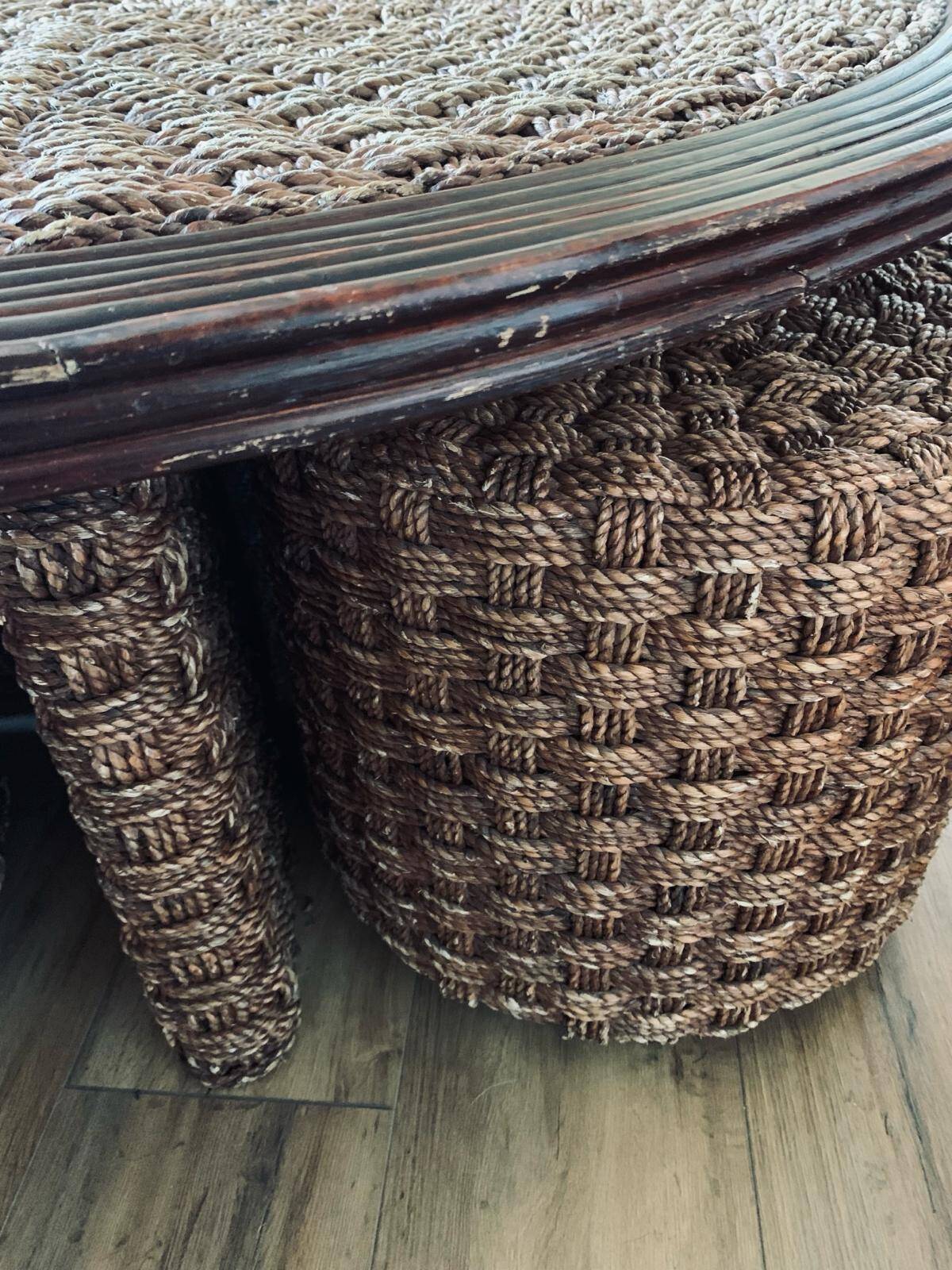 Vintage woven rope and rattan coffee table with 4 stools