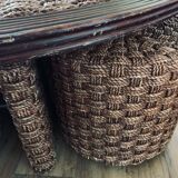 Vintage woven rope and rattan coffee table with 4 stools