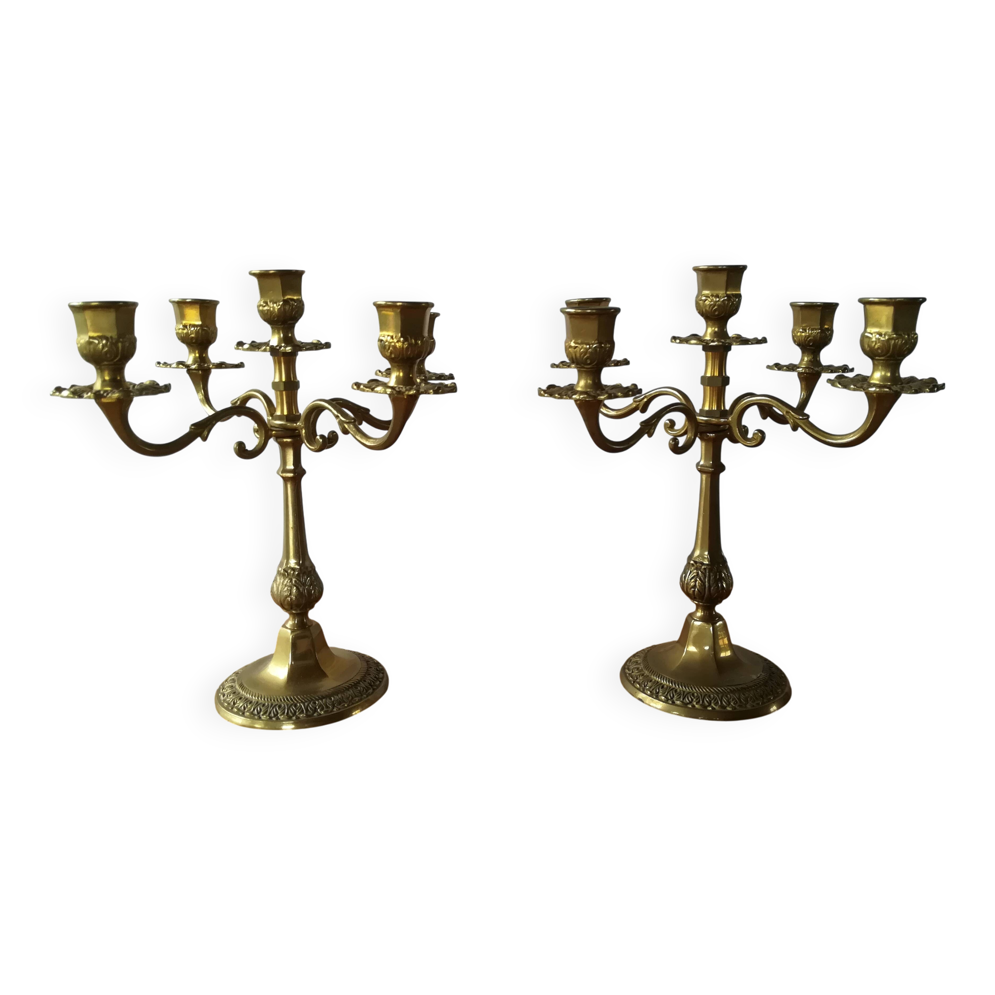 Pair of 5-light brass candelabra candlesticks, 20th century