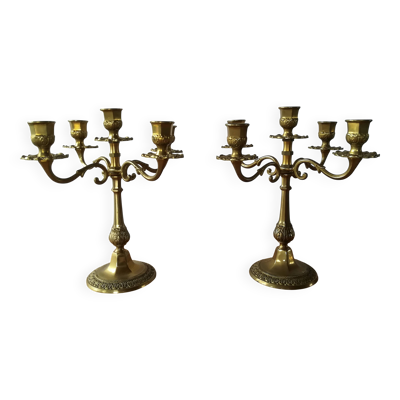 Paire de bougeoirs, candelabres 5 feux en laiton, XXème s.