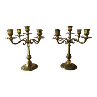 Paire de bougeoirs, candelabres 5 feux en laiton, XXème s.