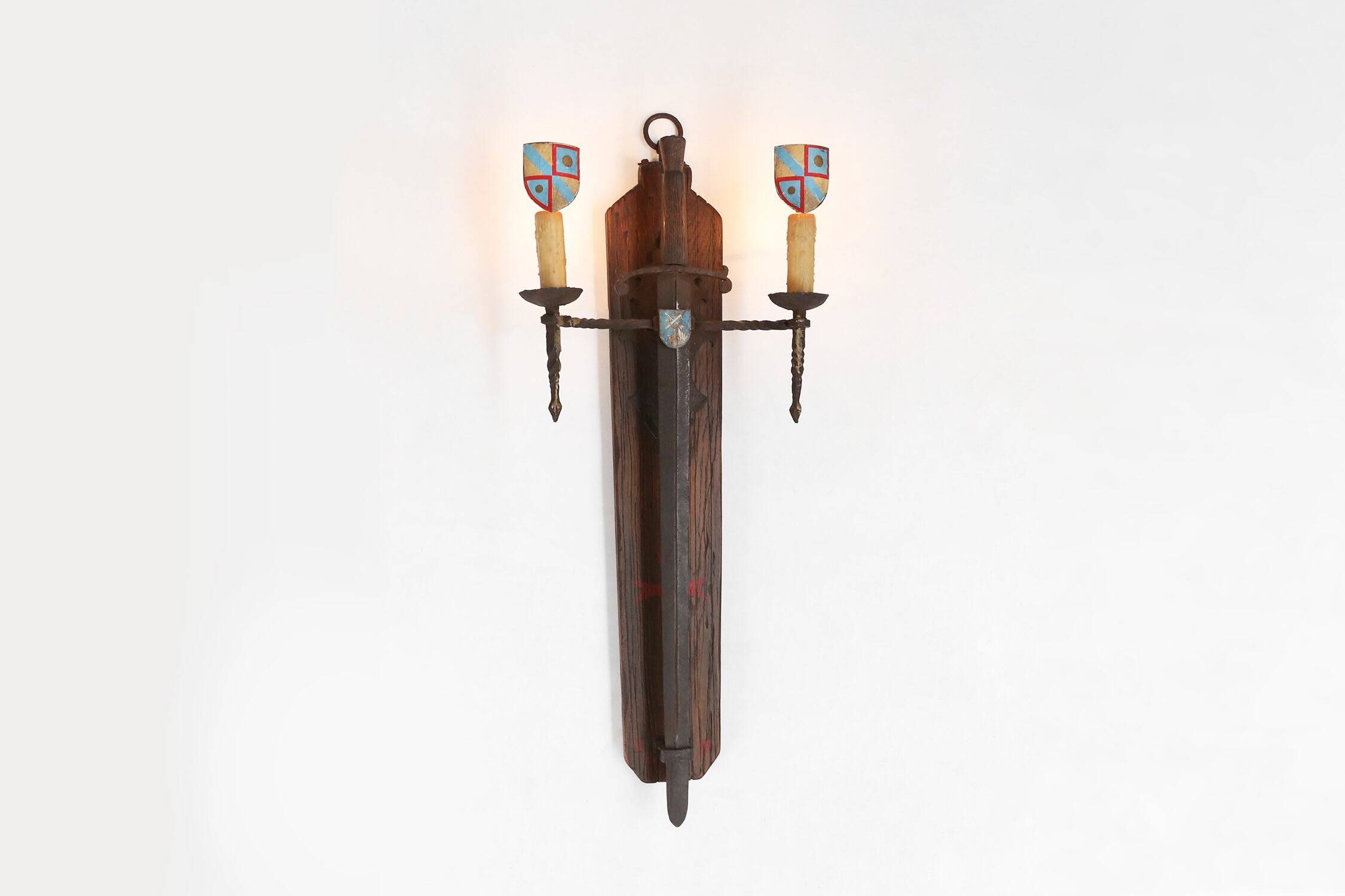 French 20th Century Large Wrought‑Iron Medieval Revival Wall Lamp with Swor
