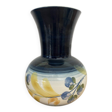 Ancien vase jersey pottery céramique blanc & noire + décor fleurs vintage