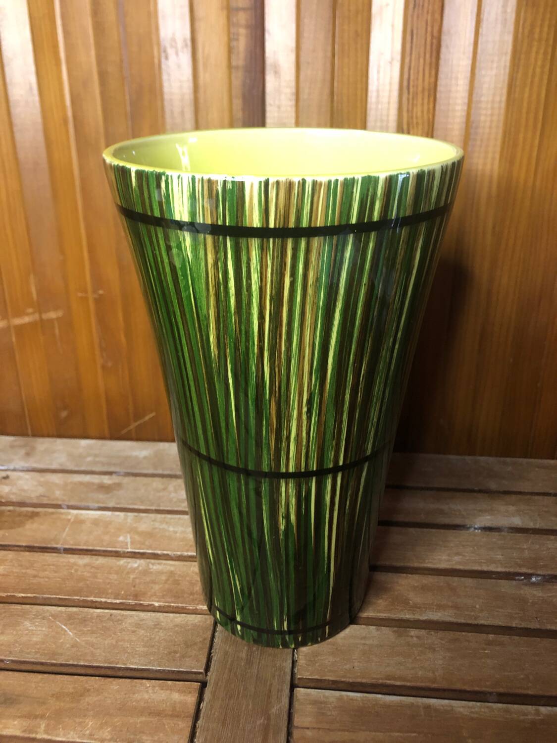 Old vase st clément france green & yellow ceramic vintage #a392