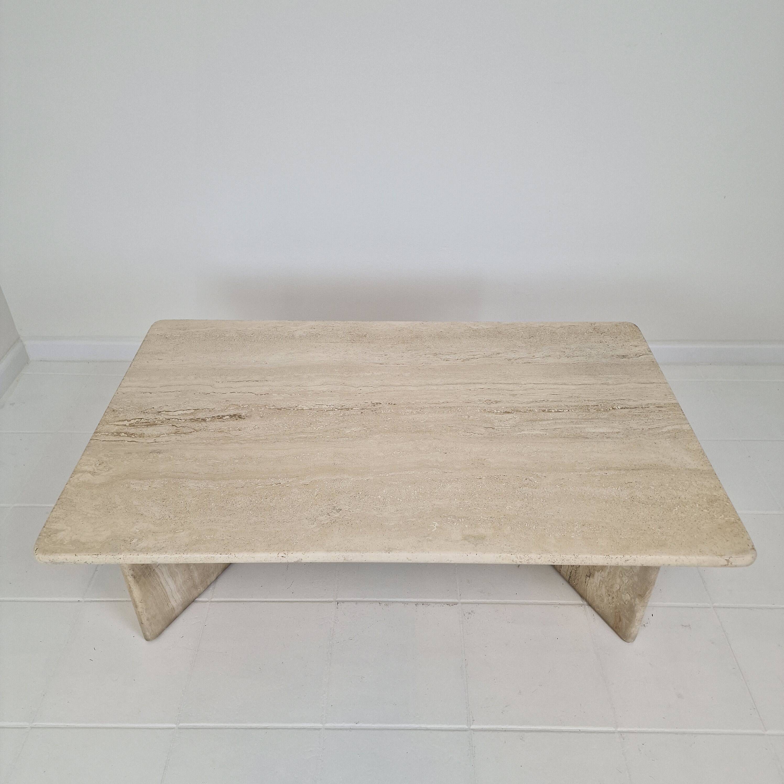 Robust Italian Travertine Coffee Table With two 3-leg Feet, 1980s