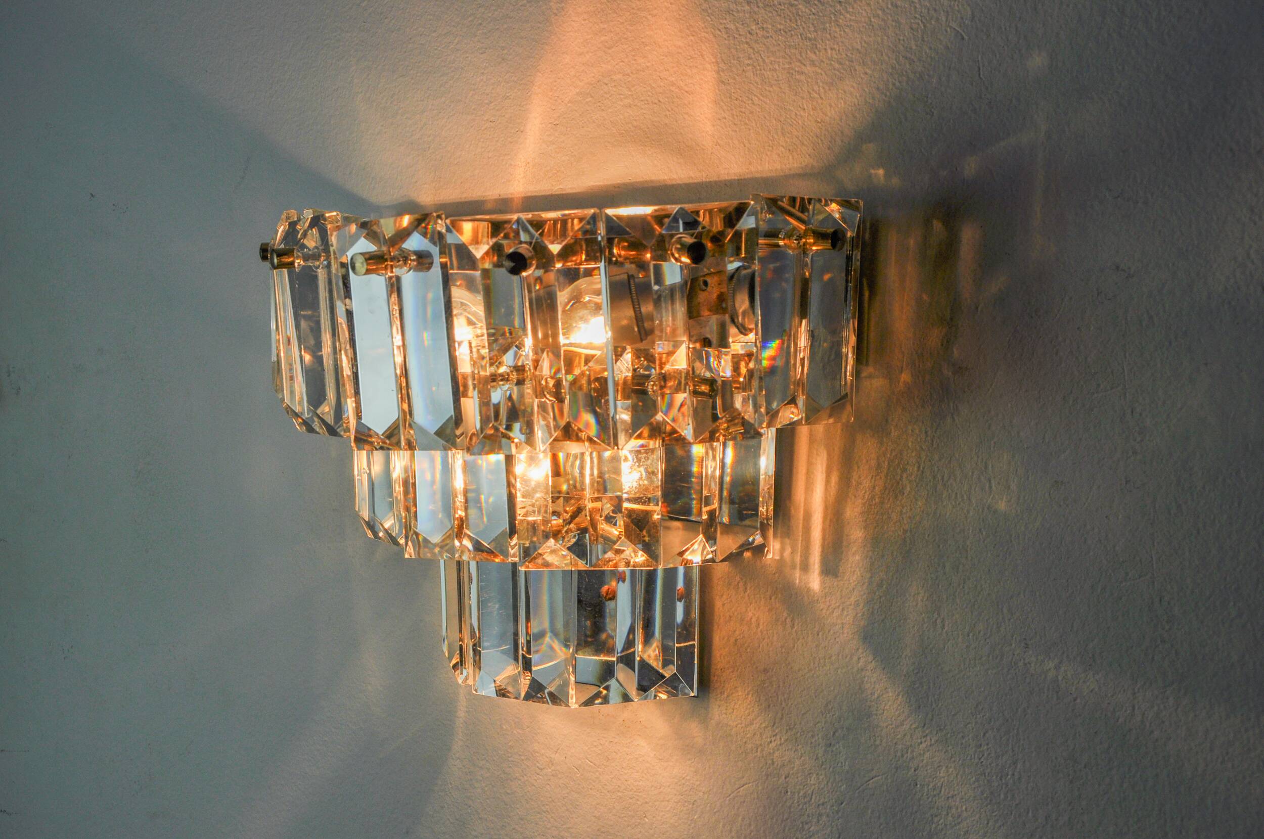 Kinkeldey wall light, cut crystals, 3 levels, Germany, 1970