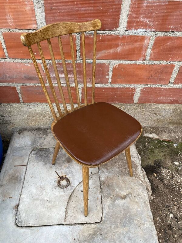 Chaise ancienne baumann western bois + assise skaï marron vintage