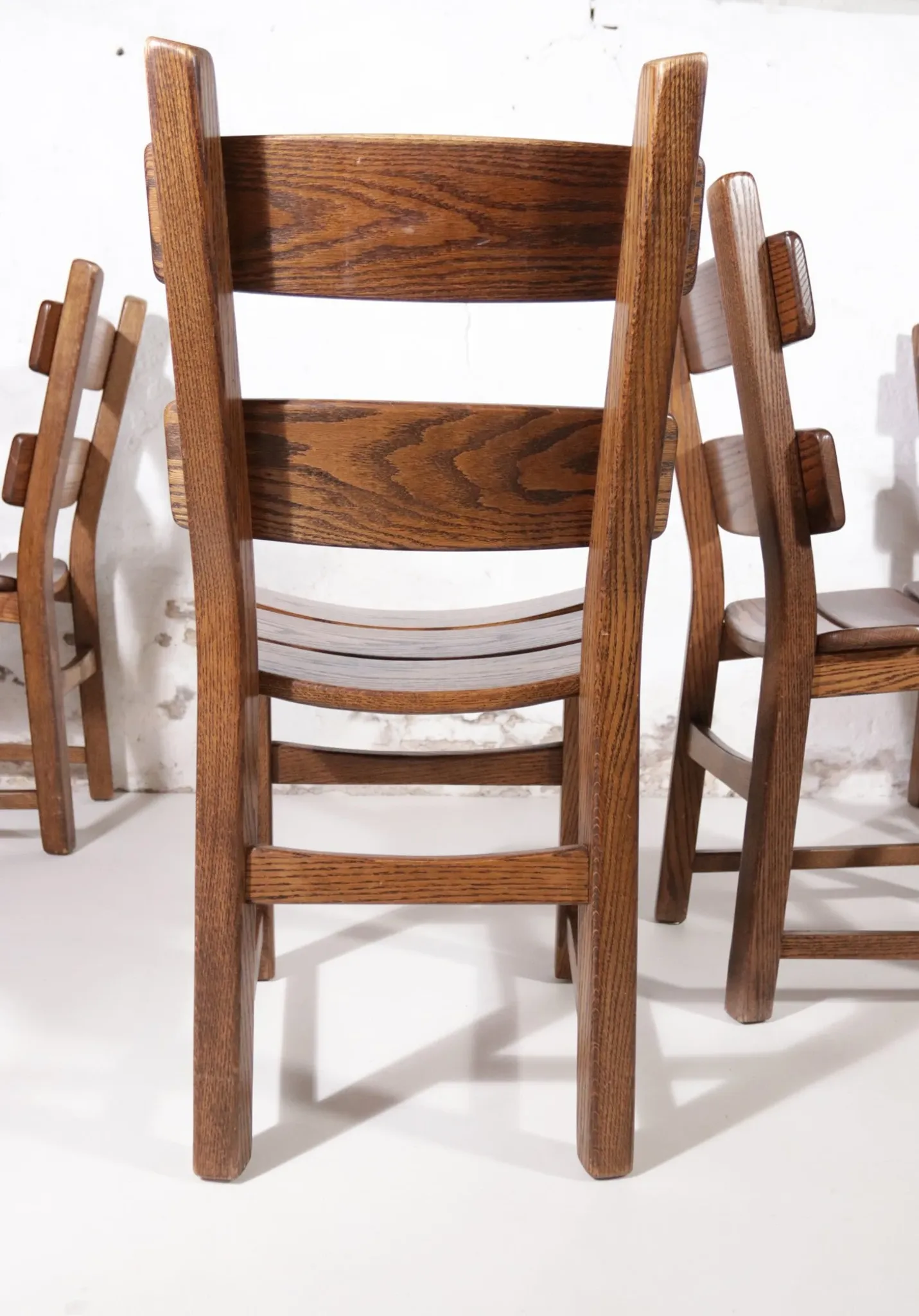 Set of 4 brutalist oak ladderback dining chairs – Netherlands, 1970s