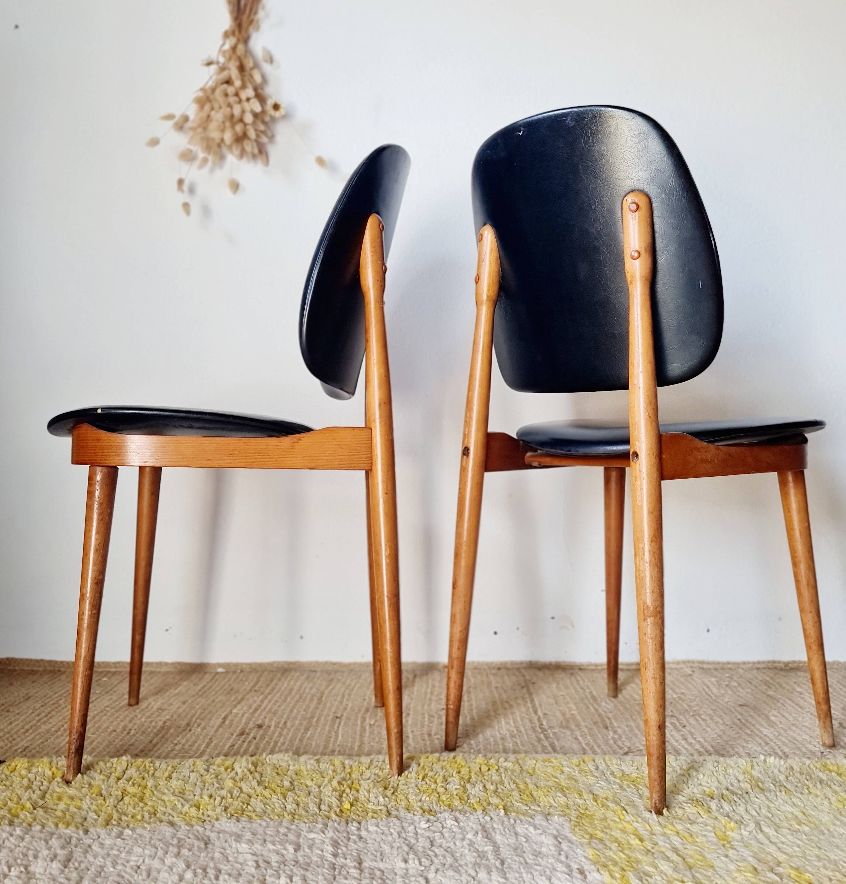 Pair of vintage 1960 chairs – Tapered legs & Black faux leather