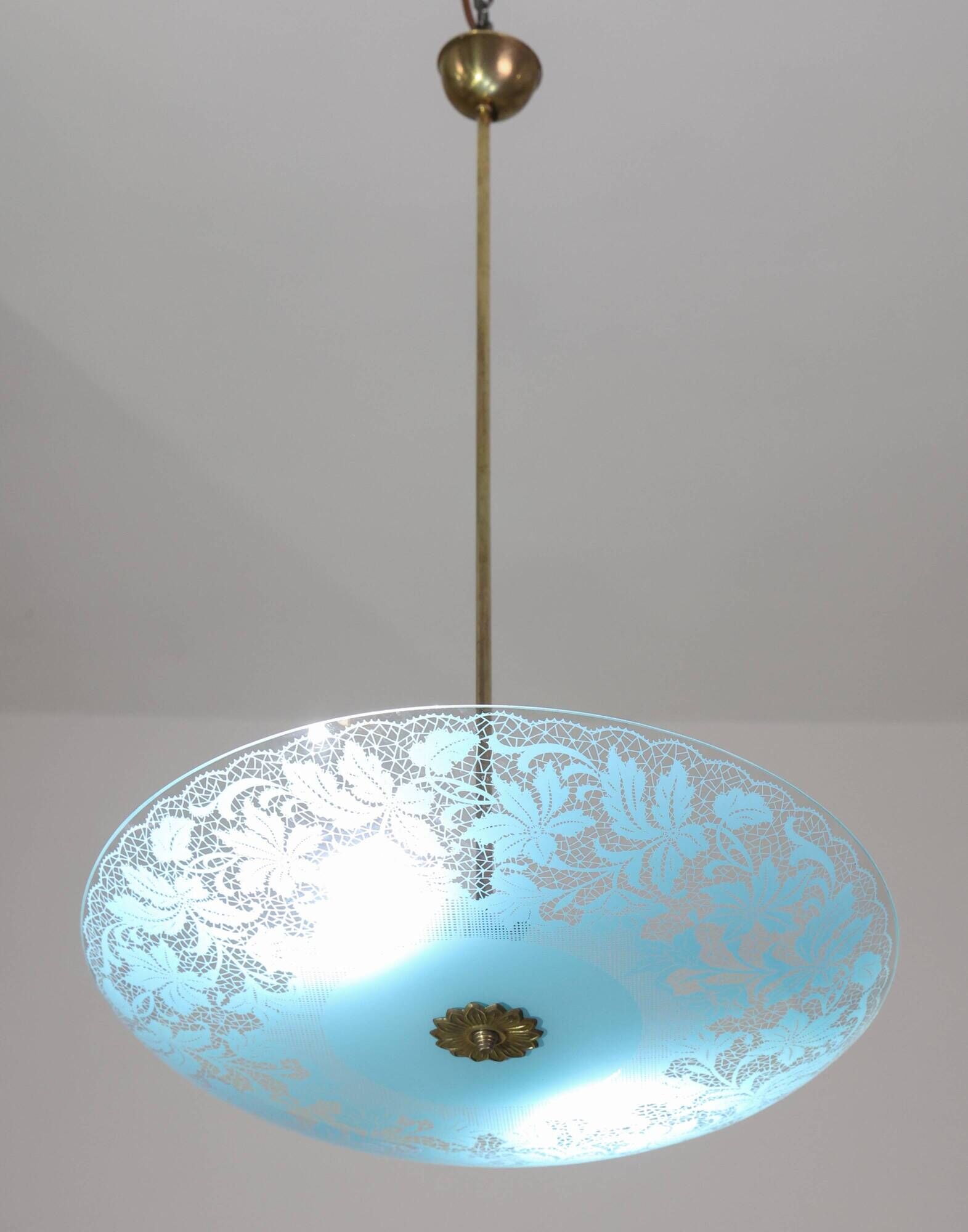 Italian Vintage Floral Glass and Brass Pendant Chandelier, Mid-Century, 2 L