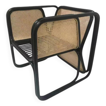 Fauteuil en rotin laqué noir et cannage naturel