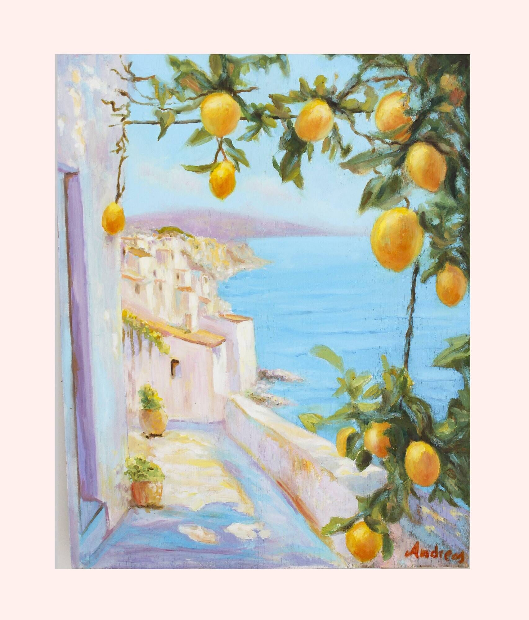 Oil painting of a view of the sea.