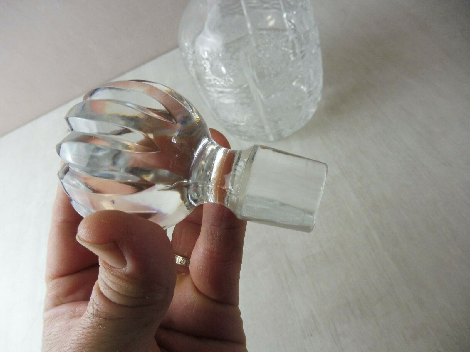 Old carved crystal decanter, star décor