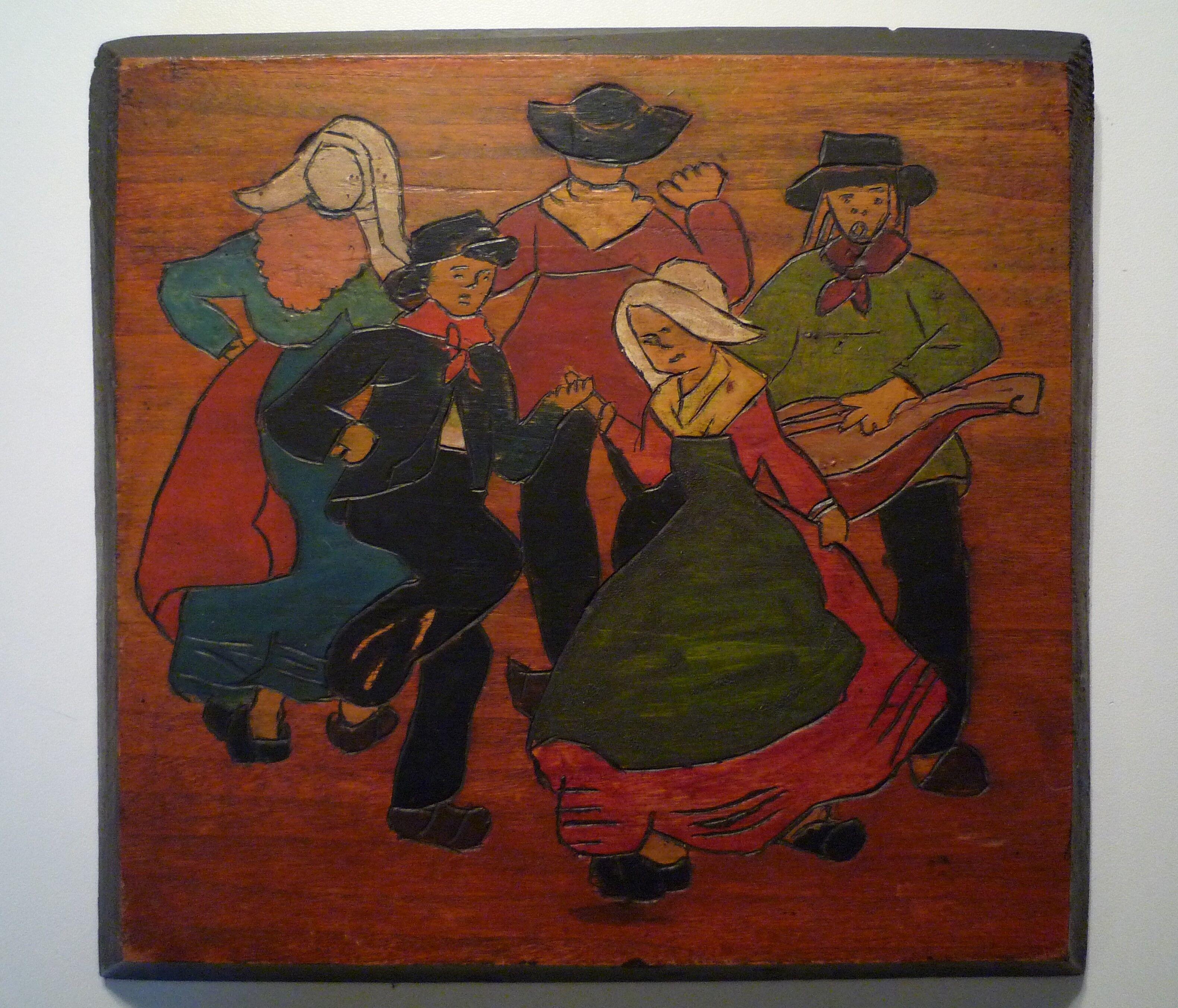 Two wooden paintings carved and painted, Breton naïve art 1950s