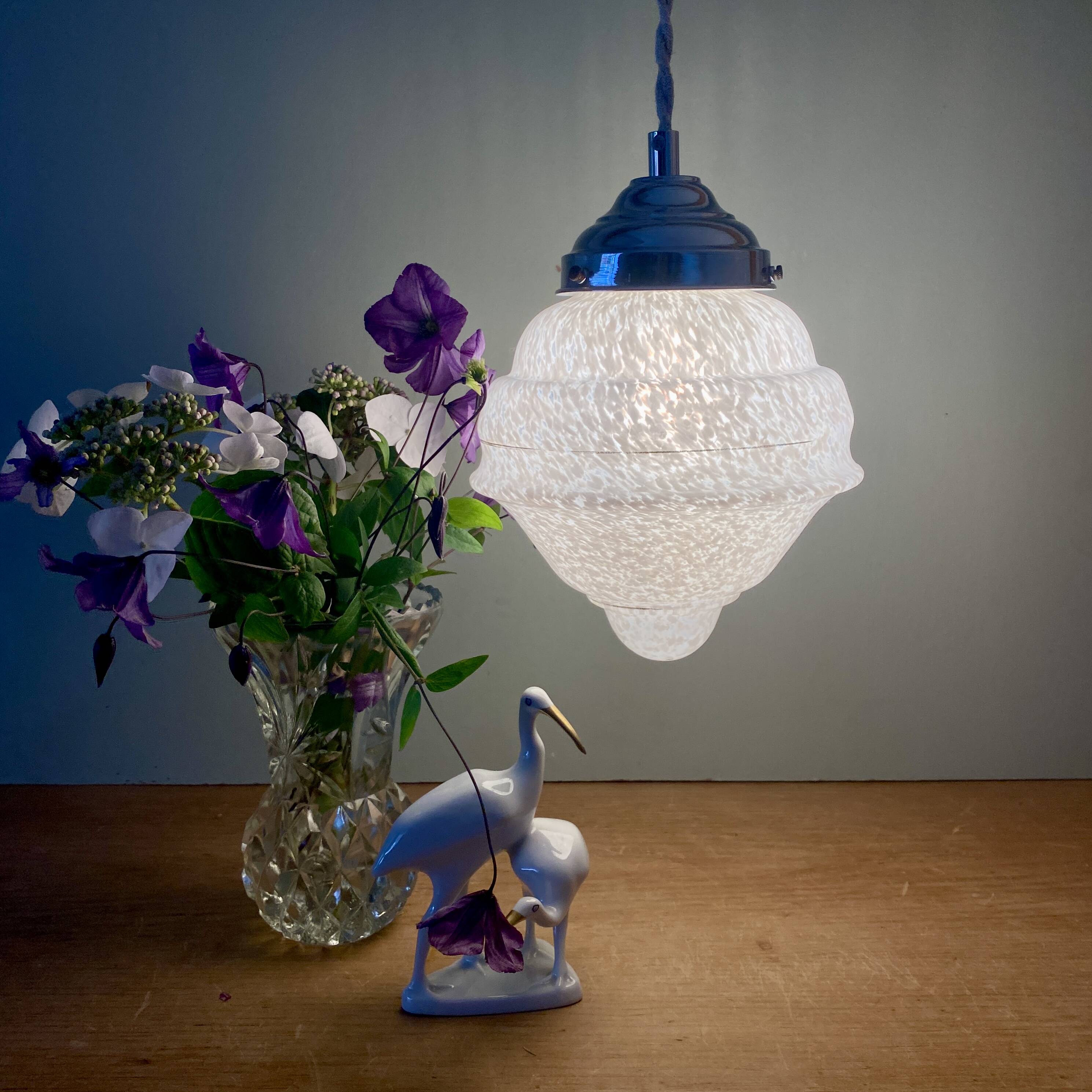 Vintage art deco globe pendant light in white Clichy glass