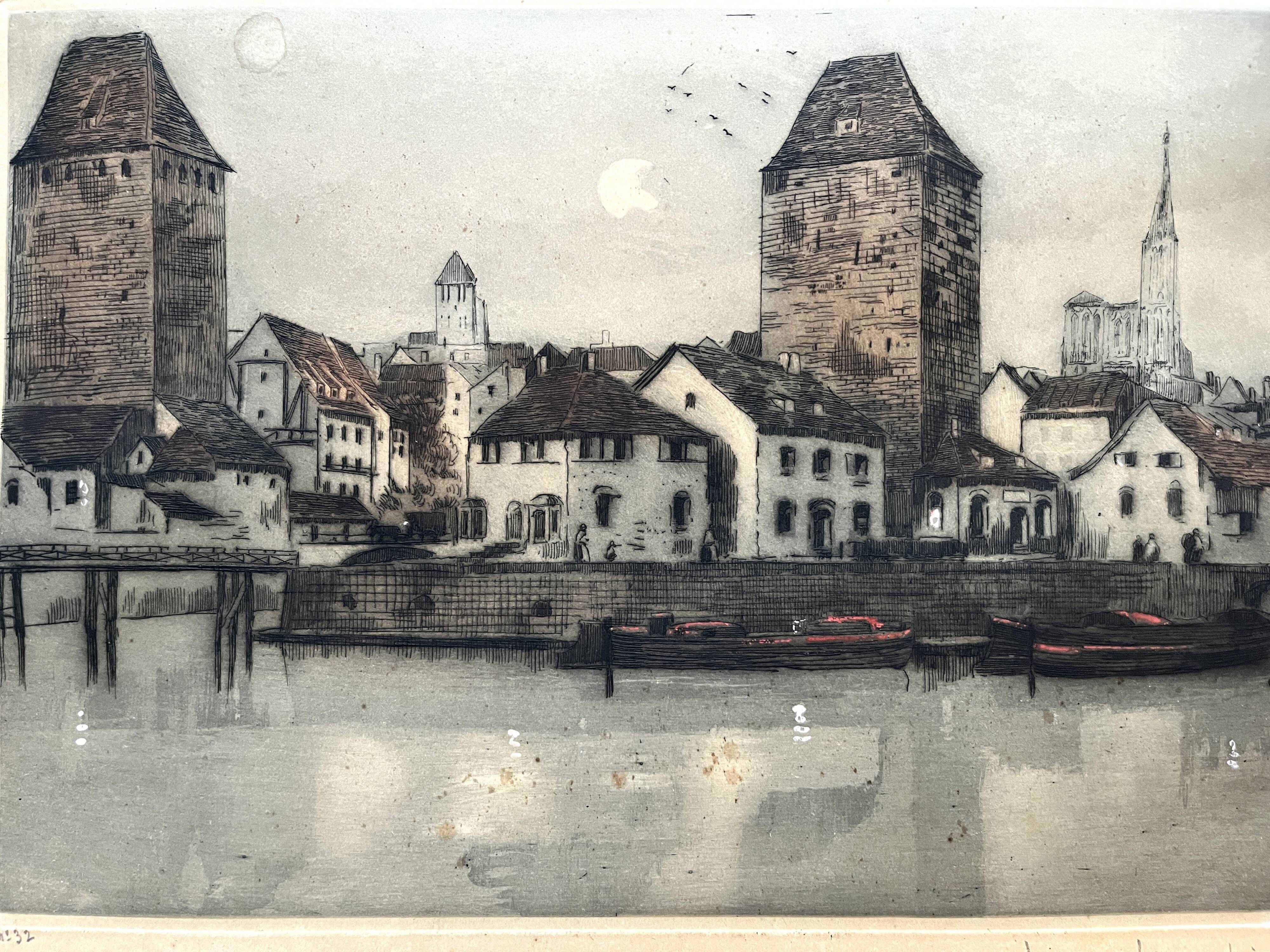 Old engraving The Two Towers signed Dauphin early 20th century