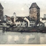 Old engraving The Two Towers signed Dauphin early 20th century