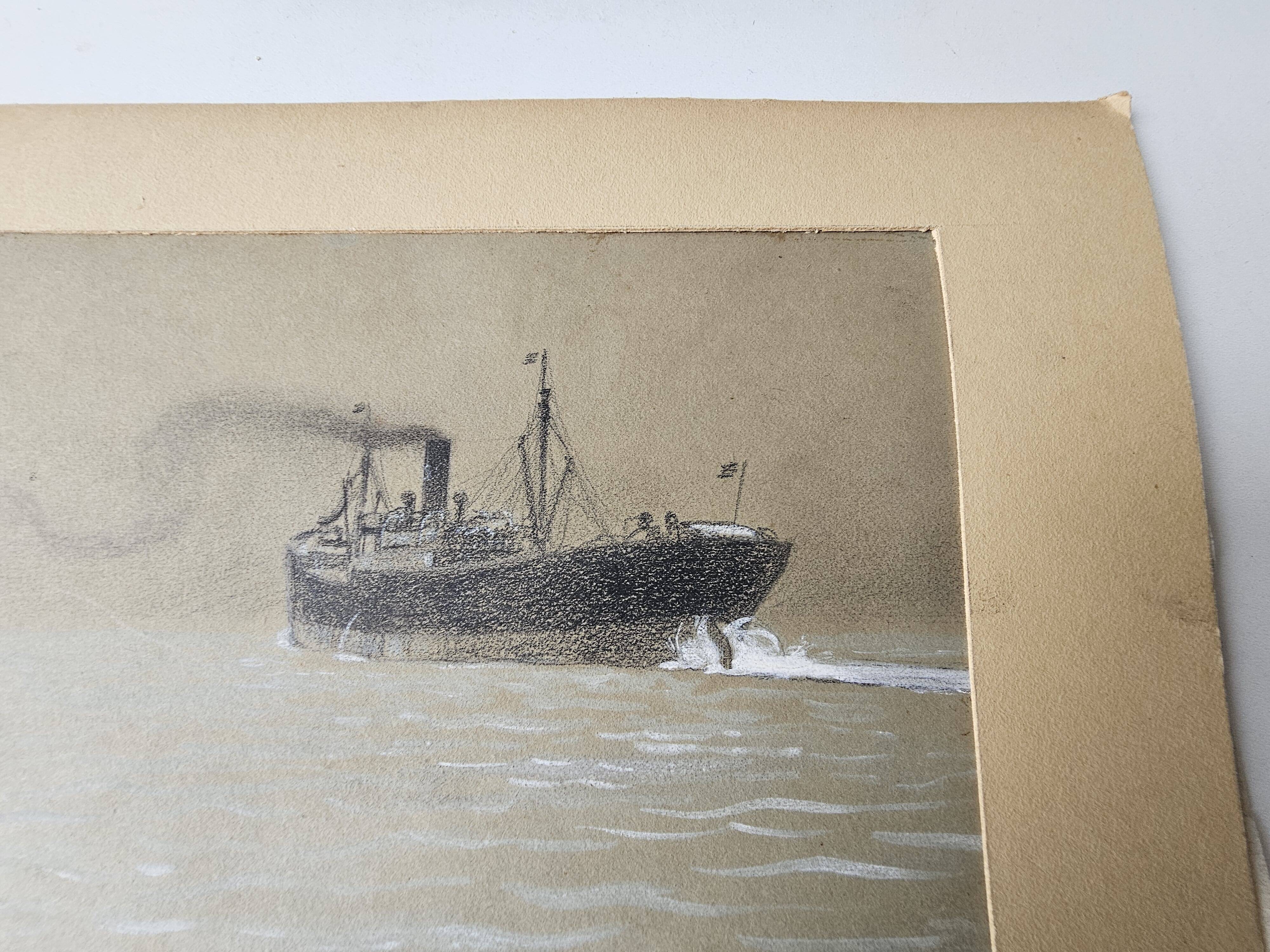 Watercolor of the Black Ocean Liner at Sea Signed TABOUREAU Georges known as Sandy-Hook (1879)