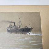 Watercolor of the Black Ocean Liner at Sea Signed TABOUREAU Georges known as Sandy-Hook (1879)