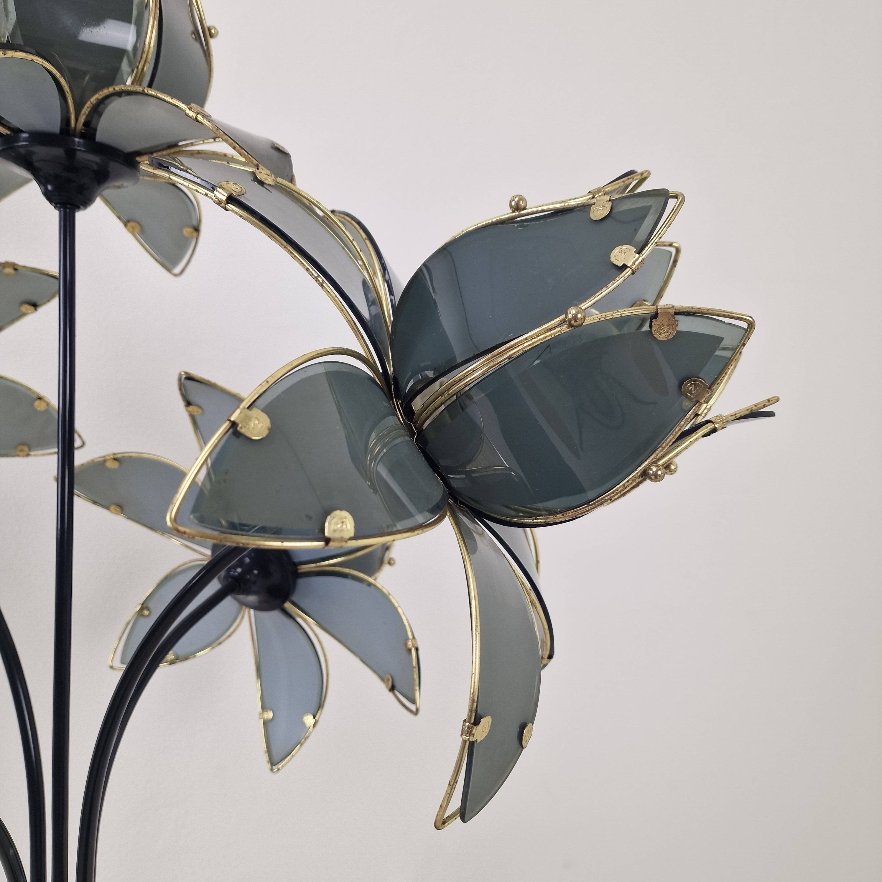 Hollywood Regency 5-Light Lotus Flower Table Lamp in Smoked Glass, 1980's