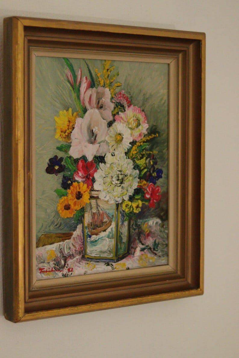 Mid-Century Swedish Oil On Canvas “Vase with Ship Motif” by Carl Figge