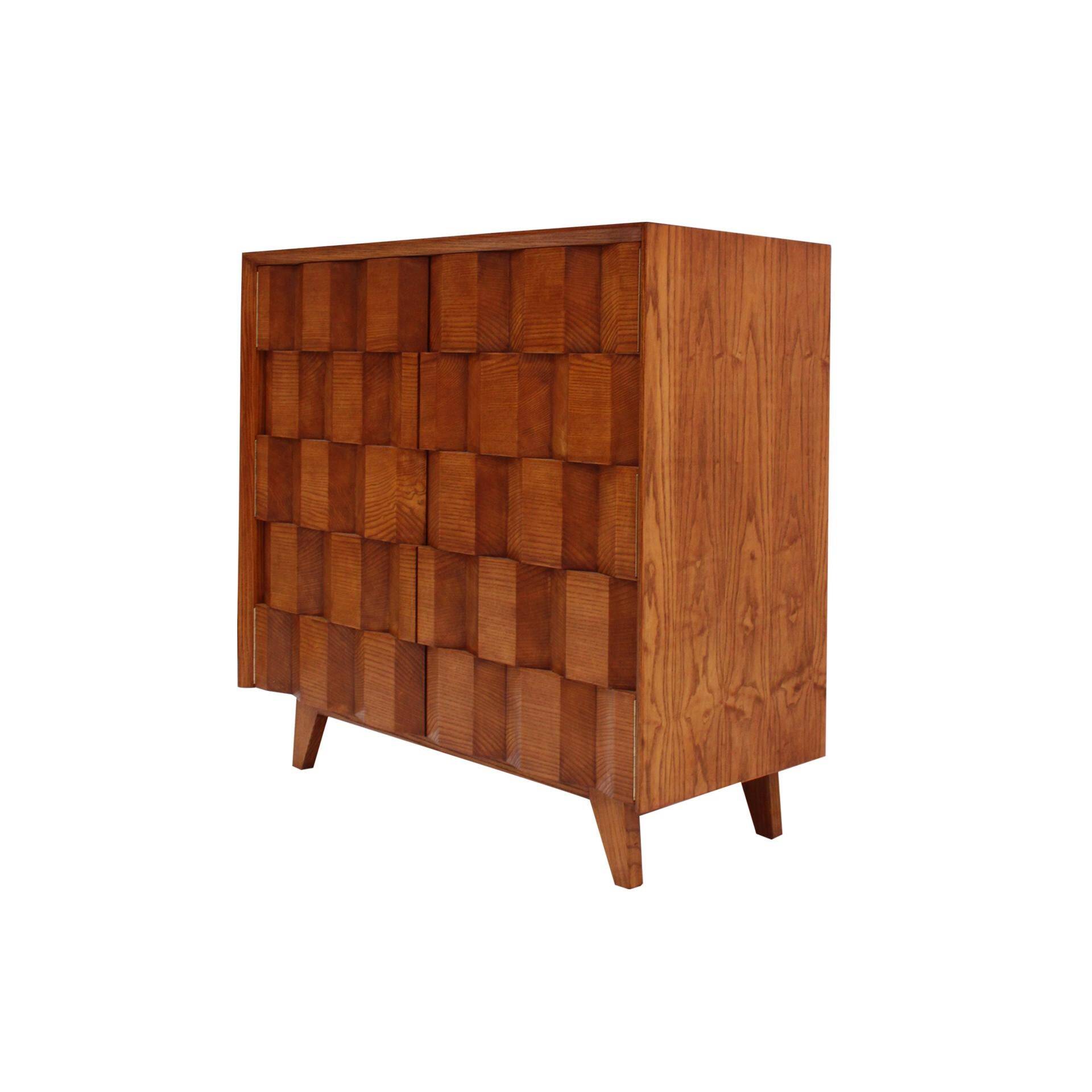 Mid Modern Style Faceted Oak Sideboard with Glass Shelf, Suitable as a Bar