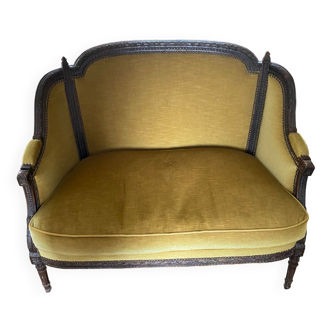 Petite banquette de style Louis XV en velours jaune