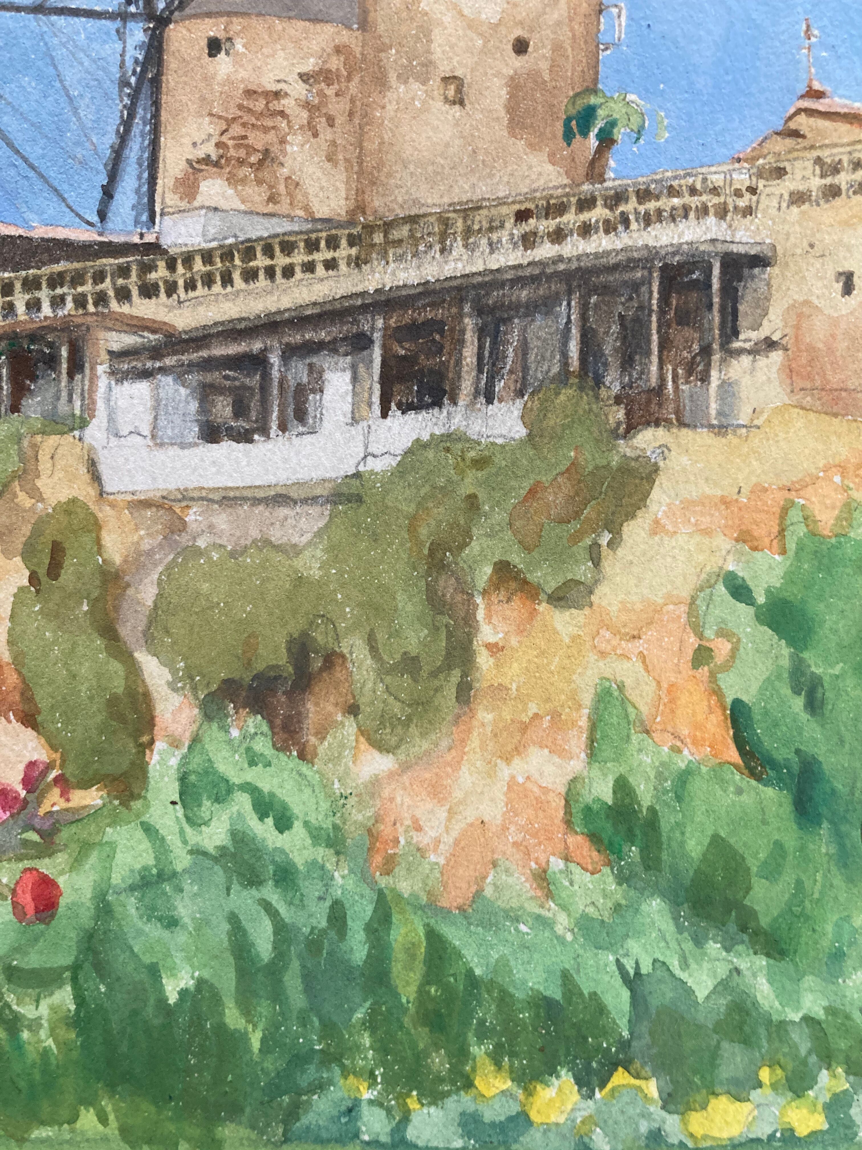 Watercolor landscape with vintage mills