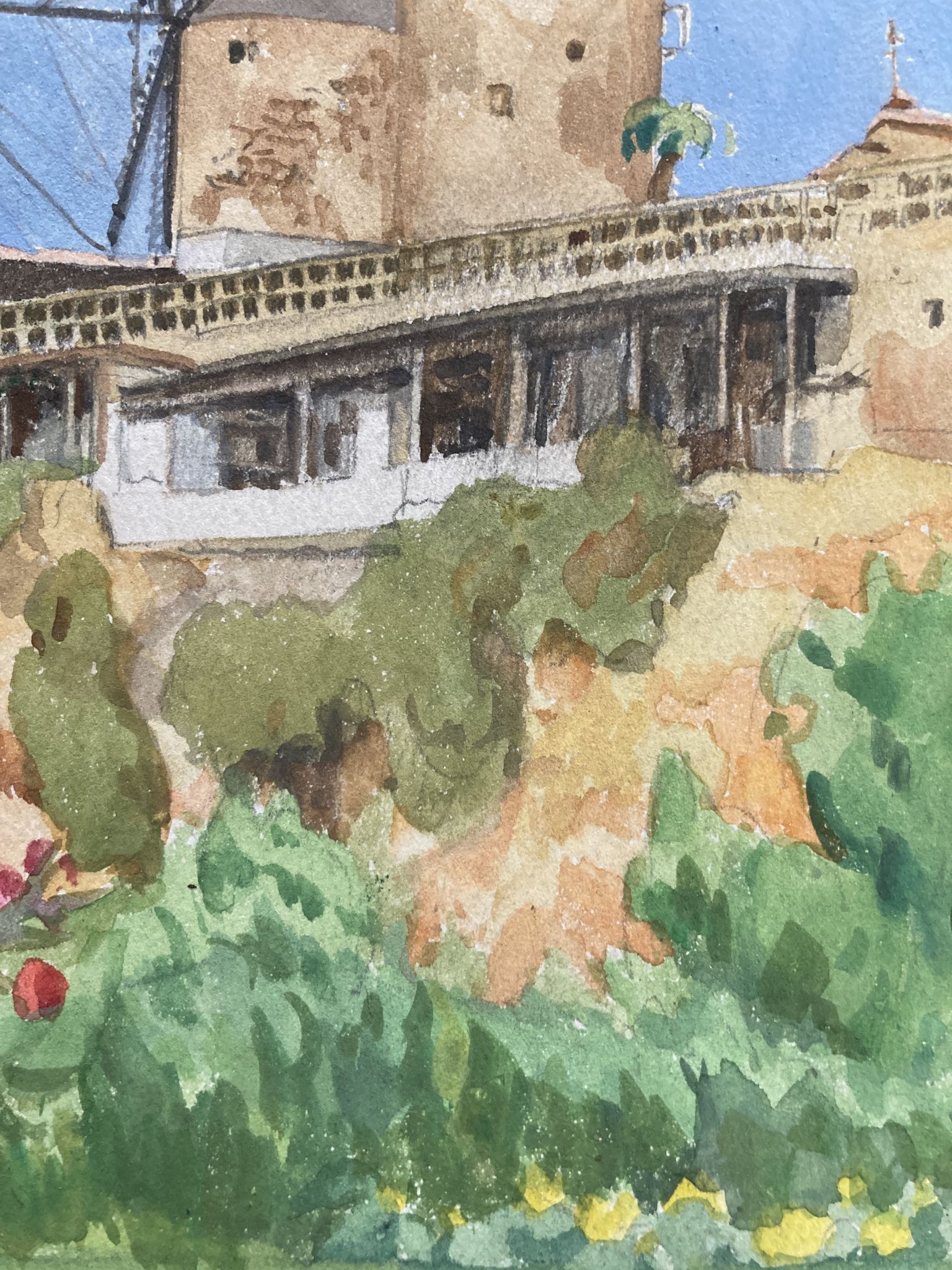 Watercolor landscape with vintage mills