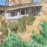 Watercolor landscape with vintage mills