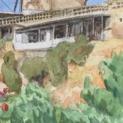 Watercolor landscape with vintage mills
