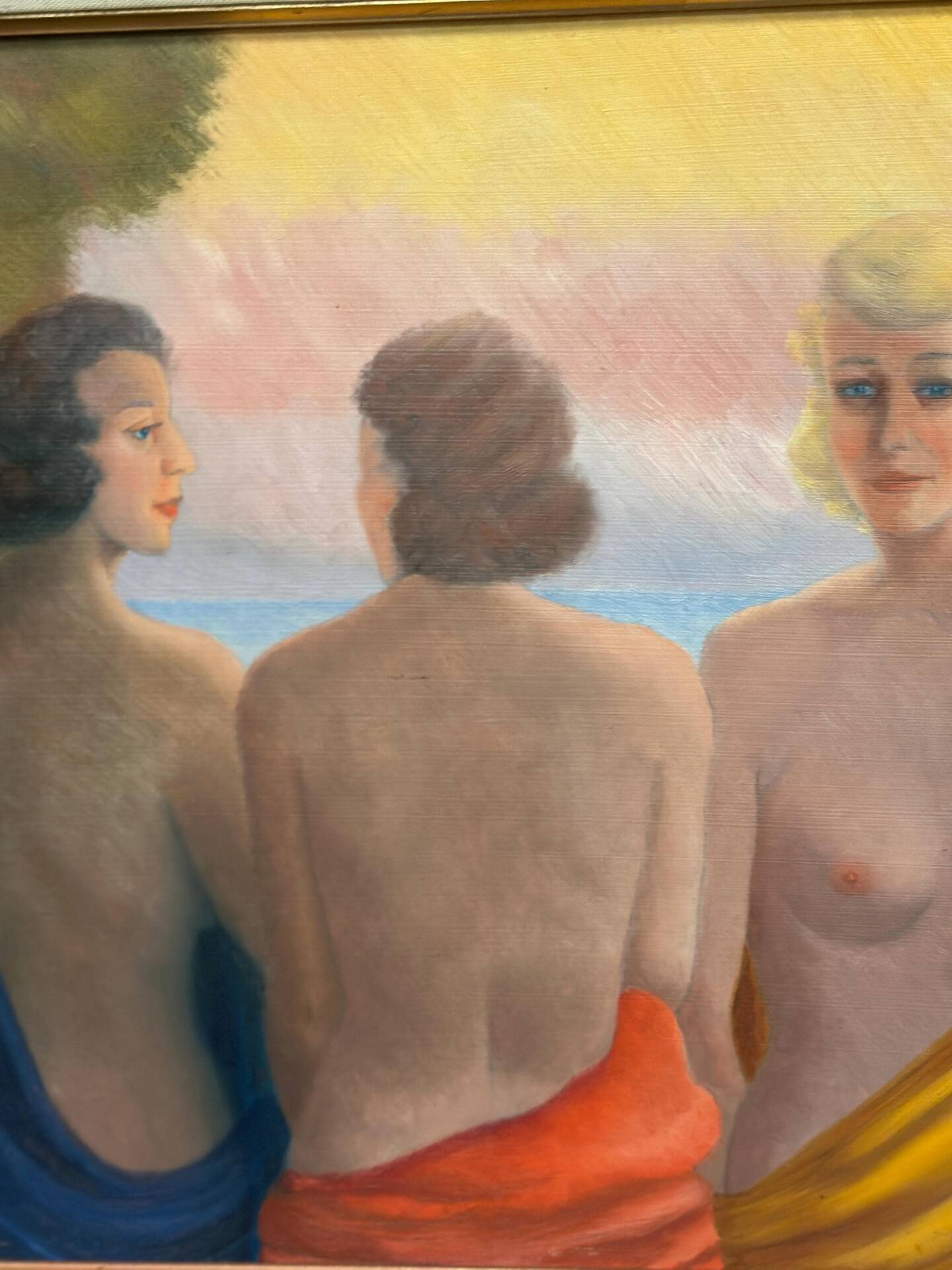 20th Century Oil on Panel – “Three Women” by N. Leon (1947) – Vintage