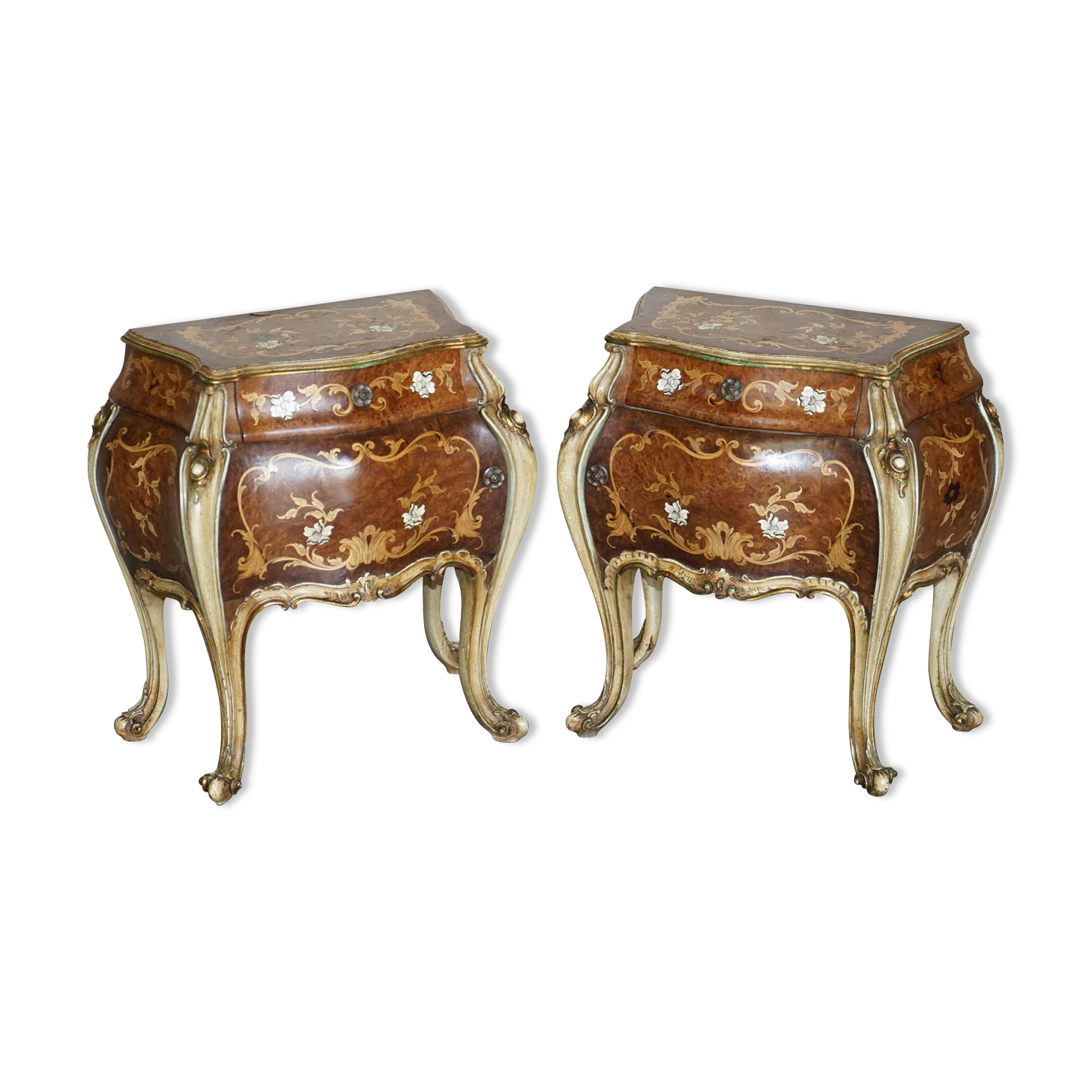 Pair of curved walnut commodes with marquetry and marble tops.