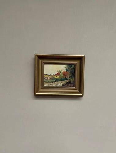 Huile sur panneau originale "Huts" par K.B, vintage et encadrée 30 × 25 cm