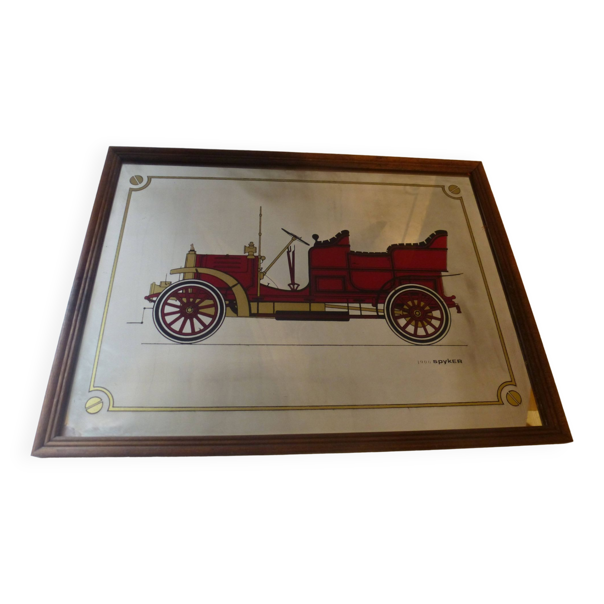 Screen-printed mirror of old car "1906 Spyker" vintage 1970s