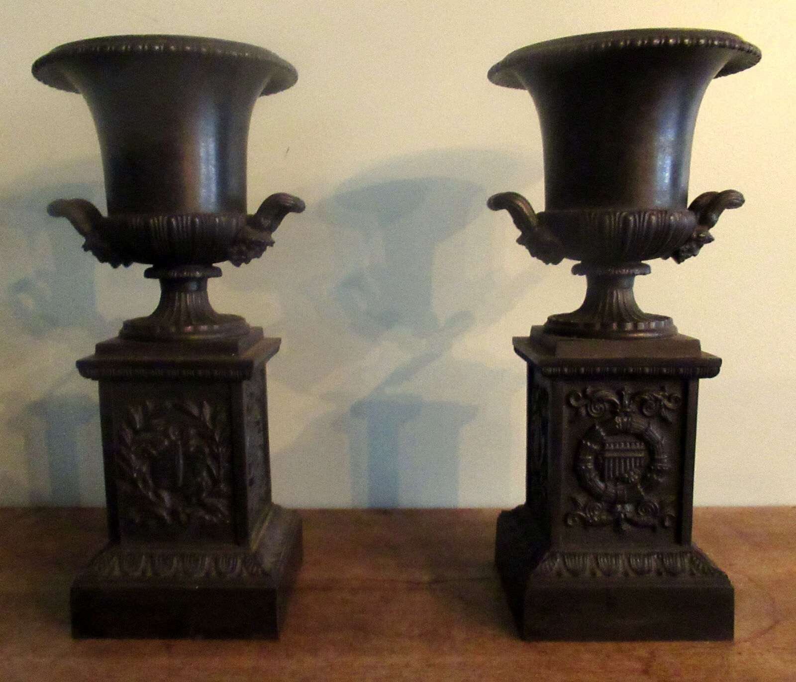 Pair of Medici vases, cast iron, on base