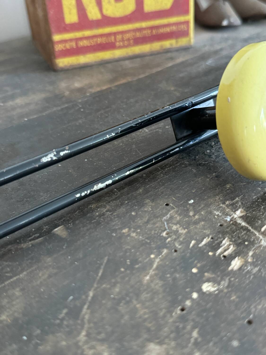 Wall coat rack with 4 vintage yellow metal hooks