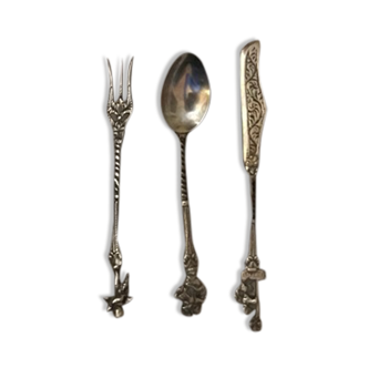 Set 11 of old cutlery with silver metal desert