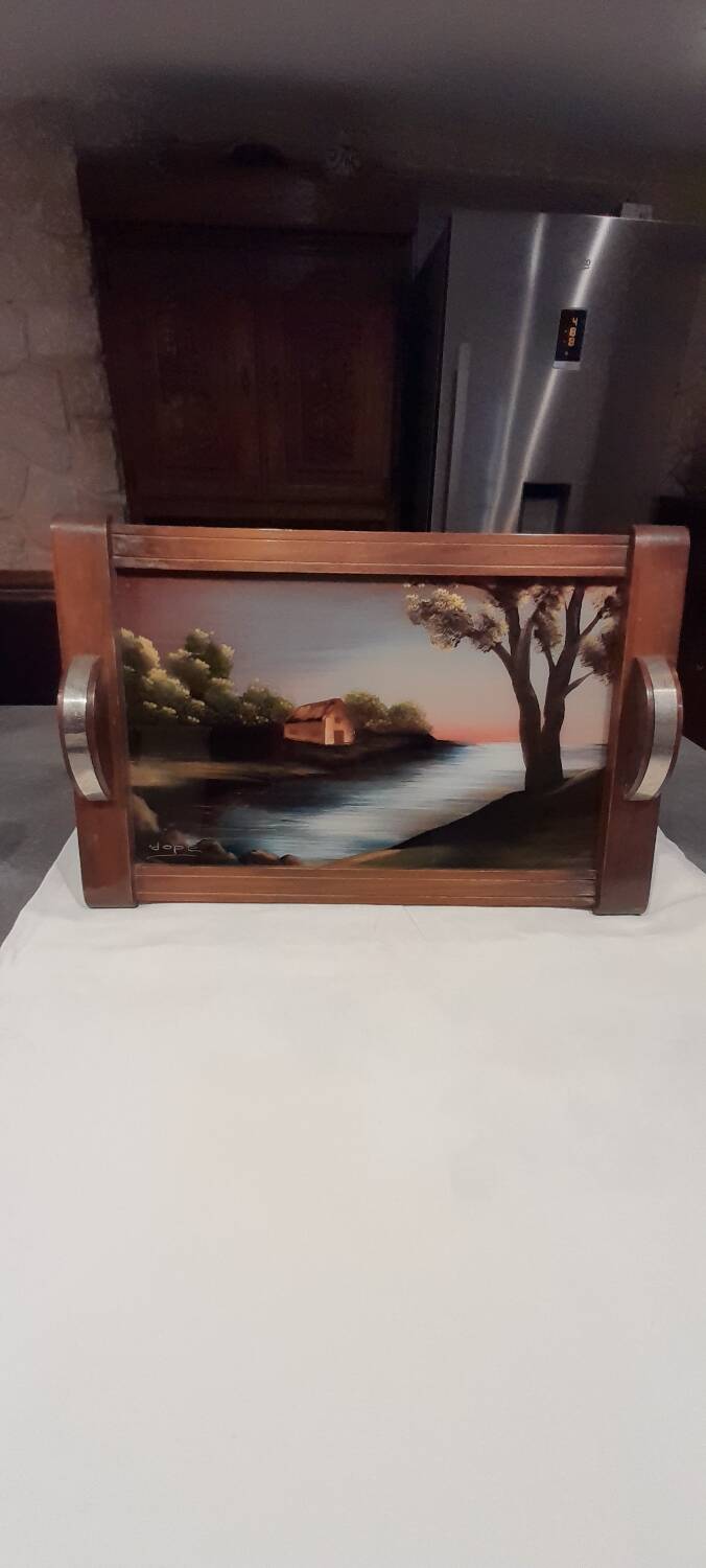 Painted wooden tray. Art Deco, signed Dope