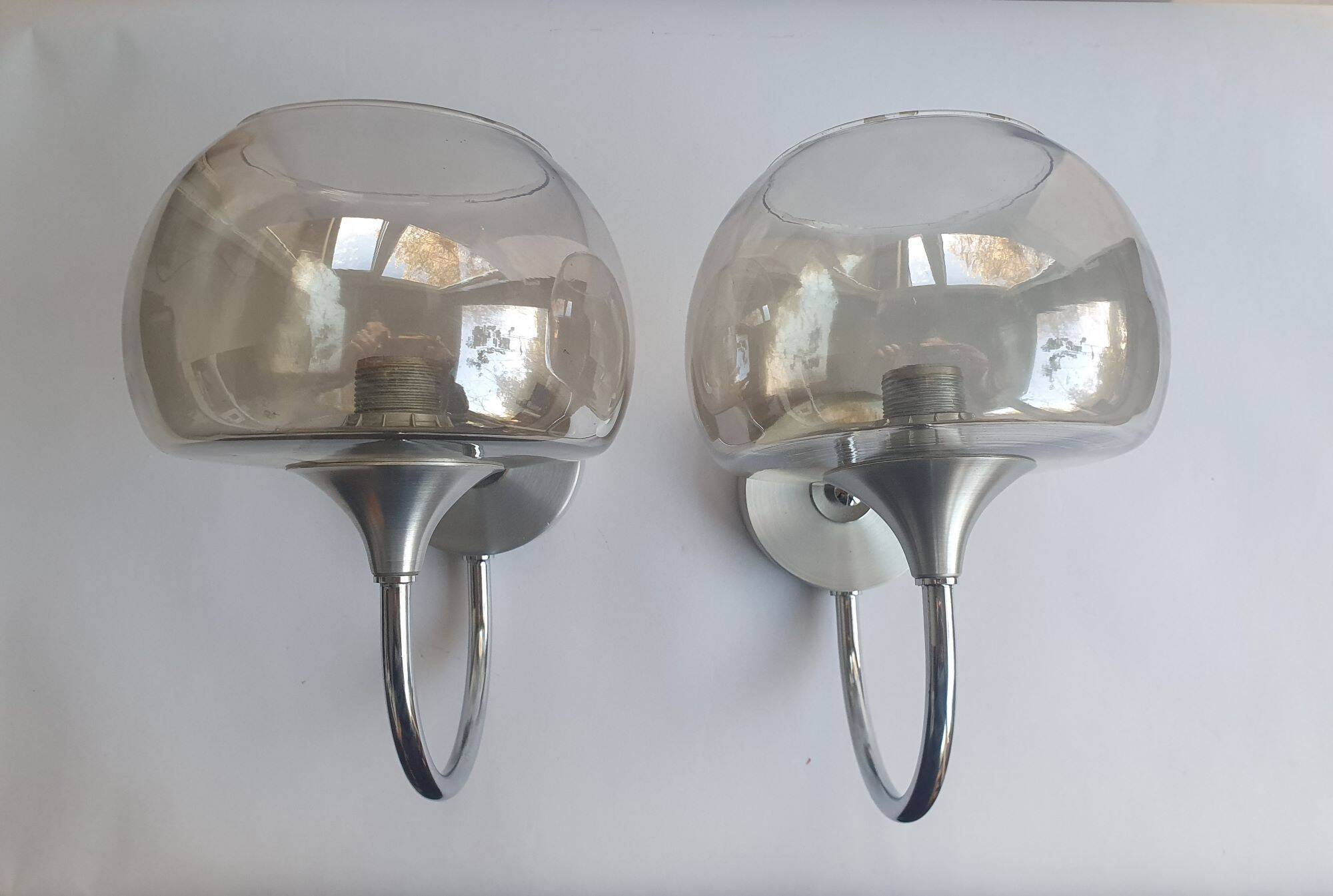Pair of 1980s chrome metal and smoked glass wall lights